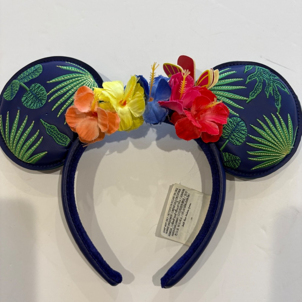 Disney Parks Minnie Mouse Tropical Hibiscus Floral Ears Navy Blue Headband OS